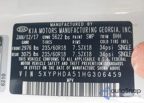 2017 Kia Sorento 3.3L Ex z USA, uszkodzony, nr VIN 5XYPHDA51HG306459